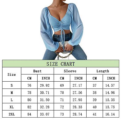 Women's Chiffon Long Lantern Sleeve Blouse Drawstring Low Cut V Neck Slim Fit Summer Tops