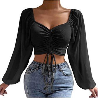 Women's Chiffon Long Lantern Sleeve Blouse Drawstring Low Cut V Neck Slim Fit Summer Tops