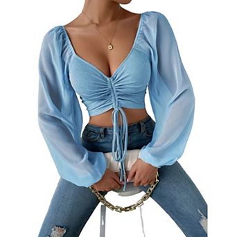 Women's Chiffon Long Lantern Sleeve Blouse Drawstring Low Cut V Neck Slim Fit Summer Tops