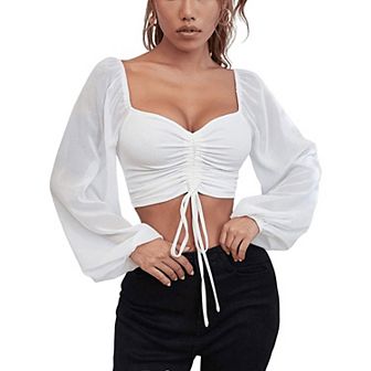 Women's Chiffon Long Lantern Sleeve Blouse Drawstring Low Cut V Neck Slim Fit Summer Tops
