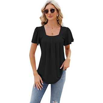 Women's Short Sleeve Cotton Square Neck T-Shirts Summer Casual T Shirt Tops