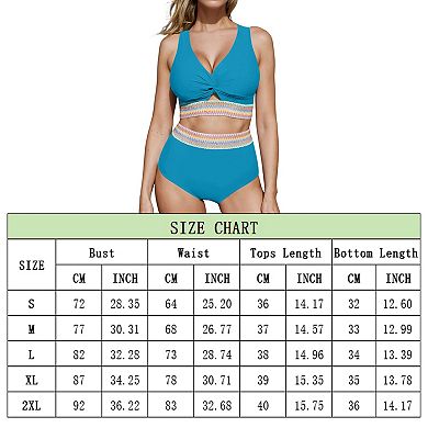 Women High Waisted Two Piece Swimsuit Padded Knot Twist Cut Out Color Block Bathing Suit Bikinis