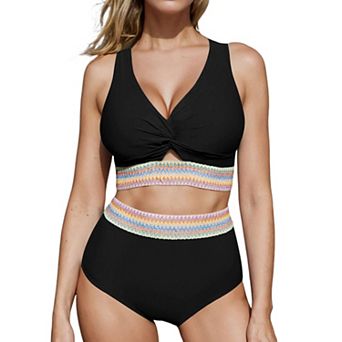 Women High Waisted Two Piece Swimsuit Padded Knot Twist Cut Out Color Block Bathing Suit Bikinis