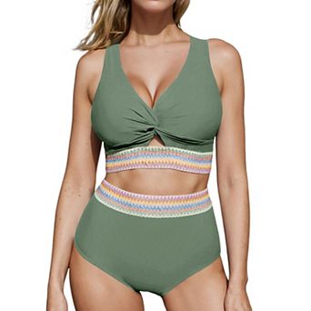 Women High Waisted Two Piece Swimsuit Padded Knot Twist Cut Out Color Block Bathing Suit Bikinis