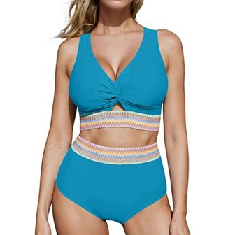 Women High Waisted Two Piece Swimsuit Padded Knot Twist Cut Out Color Block Bathing Suit Bikinis