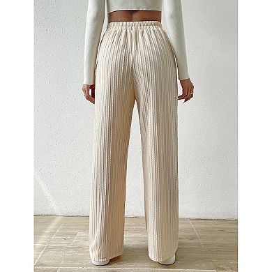 Women Wide Leg Knit Ribbed Lounge Pants Elastic Waist Straight Leg Sweatpants