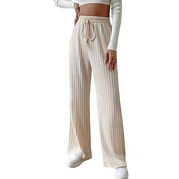 Women Wide Leg Knit Ribbed Lounge Pants Elastic Waist Straight Leg