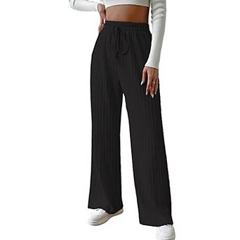 Women Wide Leg Knit Ribbed Lounge Pants Elastic Waist Straight Leg Sweatpants