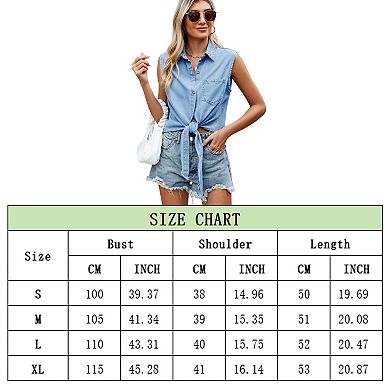 Women's Sleeveless Cropped Thin Denim Jean Shirts Tie Front Button Down Shirt Tops Blouse