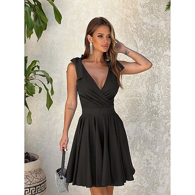 Womens Deep V Neck Elegant Bow Tie Mini Dress Sleeveless Solid Color Casual Party Dresses