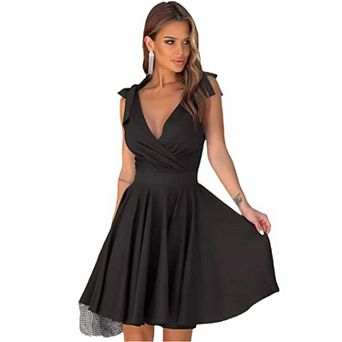 Womens Deep V Neck Elegant Bow Tie Mini Dress Sleeveless Solid Color Casual Party Dresses