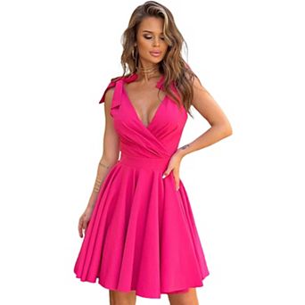 Womens Deep V Neck Elegant Bow Tie Mini Dress Sleeveless Solid Color Casual Party Dresses