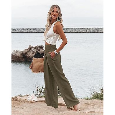 Womens Elastic High Waisted Palazzo Pants Casual Wide Leg Long Lounge Pant Trousers with Pocket