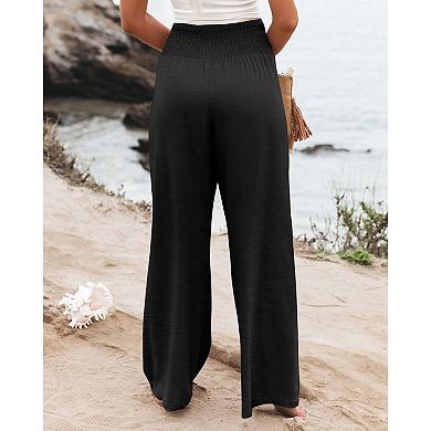 Womens Elastic High Waisted Palazzo Pants Casual Wide Leg Long Lounge Pant Trousers with Pocket
