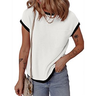 Women's Short Sleeve T Shirts Crewneck Trendy Casual Color Block Basic Loose fit Tops