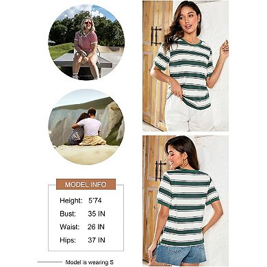 Womens Summer Tops Striped Color Block Short Sleeve T-Shirts Crewneck Casual Loose Basic Tee