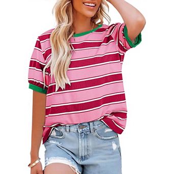 Womens Summer Tops Striped Color Block Short Sleeve T-Shirts Crewneck Casual Loose Basic Tee