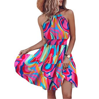Women's Summer Casual Halter Neck Sleeveless Printed Cut Out Sleeveless Flowy A Line Beach Dress