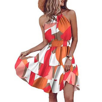 Women's Summer Casual Halter Neck Sleeveless Printed Cut Out Sleeveless Flowy A Line Beach Dress