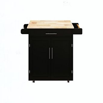 Black Wood 38.18 in Kitchen Island with Adjustable Shelves and Towel Rack