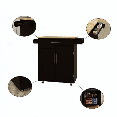 Black Wood 38.18 in. Kitchen Island with Adjustable Shelves and Towel Rack