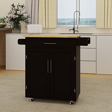 Black Wood 38.18 in. Kitchen Island with Adjustable Shelves and Towel Rack