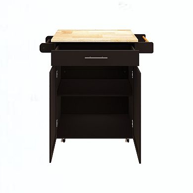 Black Wood 38.18 in. Kitchen Island with Adjustable Shelves and Towel Rack