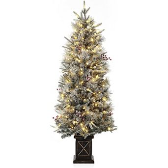 4.5 FT Prelit Premium Snow Flocked Artificial Christmas Tree with 8 Mode Warm White LED,Black Base