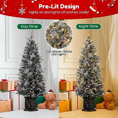 4.5 FT Prelit Premium Snow Flocked Artificial Christmas Tree with 8 Mode Warm White LED,Black Base
