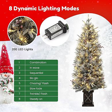 4.5 FT Prelit Premium Snow Flocked Artificial Christmas Tree with 8 Mode Warm White LED,Black Base