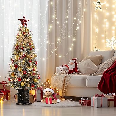 4.5 FT Prelit Premium Snow Flocked Artificial Christmas Tree with 8 Mode Warm White LED,Black Base