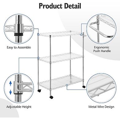 3 Tier Silver Storage Racks Capacity Kitchen Rolling Utility Cart, 300Lbs