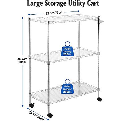 3 Tier Silver Storage Racks Capacity Kitchen Rolling Utility Cart, 300Lbs