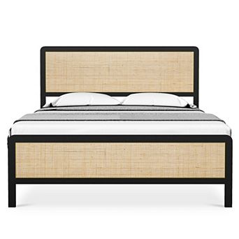Bed Frame With Curved Natural Rattan Headboard, No Box Spring Needed/mattress Foundation