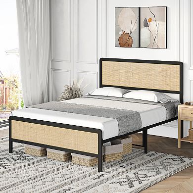 Bed Frame With Curved Natural Rattan Headboard, No Box Spring Needed/mattress Foundation