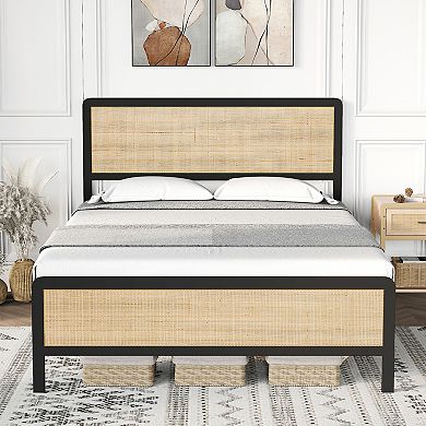 Bed Frame With Curved Natural Rattan Headboard, No Box Spring Needed/mattress Foundation