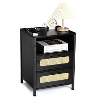 Modern Nightstand with 2 Decorative Drawers & USB Charger Port, for Bedroom, Living Room
