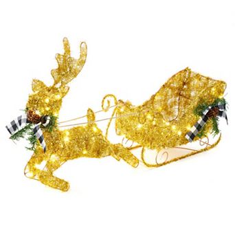 Gold Reindeer and Sleigh Set for Christmas Decorations, Indoor Home Decor, Holiday Display