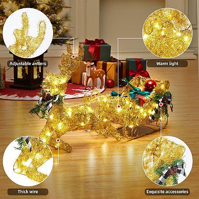 Gold Reindeer and Sleigh Set for Christmas Decorations, Indoor Home Decor, Holiday Display