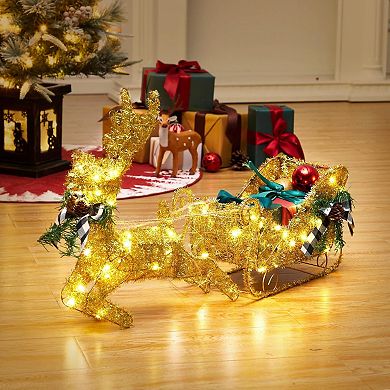 Gold Reindeer and Sleigh Set for Christmas Decorations, Indoor Home Decor, Holiday Display