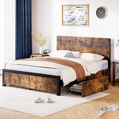 Metal Bed Frame With 4 Drawers,with Headboard, Noise Free, No Box Spring Needed