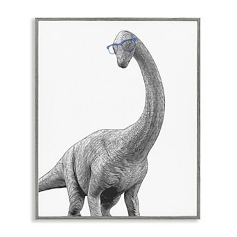 Stupell Home Decor Longneck Dinosaur with Glasses Framed Canvas Wall Art