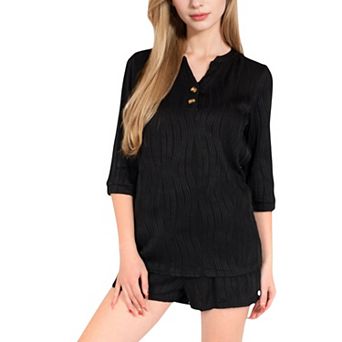 Women's Textured Two-Piece Set with Button-Up Blouse and Drawstring Shorts