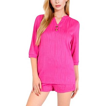 Women's Textured Two-Piece Set with Button-Up Blouse and Drawstring Shorts