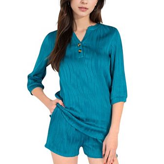 Women's Textured Two-Piece Set with Button-Up Blouse and Drawstring Shorts
