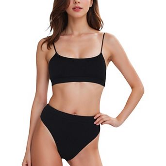 Women's Ribbed Bikini Set with Scoop Neck Bralette and High Cut Bottoms