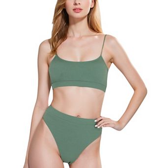Women's Ribbed Bikini Set with Scoop Neck Bralette and High Cut Bottoms