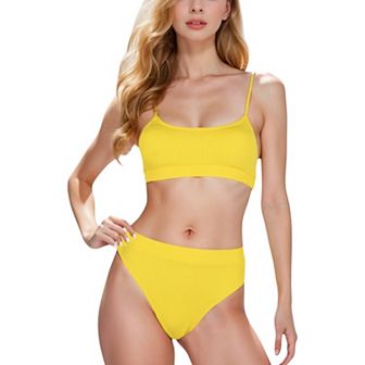 Women's Ribbed Bikini Set with Scoop Neck Bralette and High Cut Bottoms