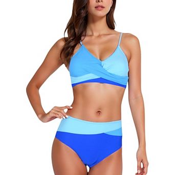 Women's Colorblock Bikini Set with Crisscross Wrap Top and High Waist Bottoms