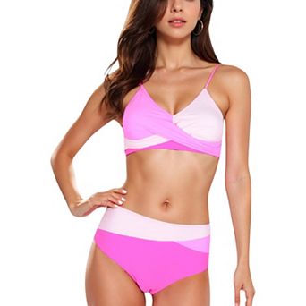 Women's Colorblock Bikini Set with Crisscross Wrap Top and High Waist Bottoms